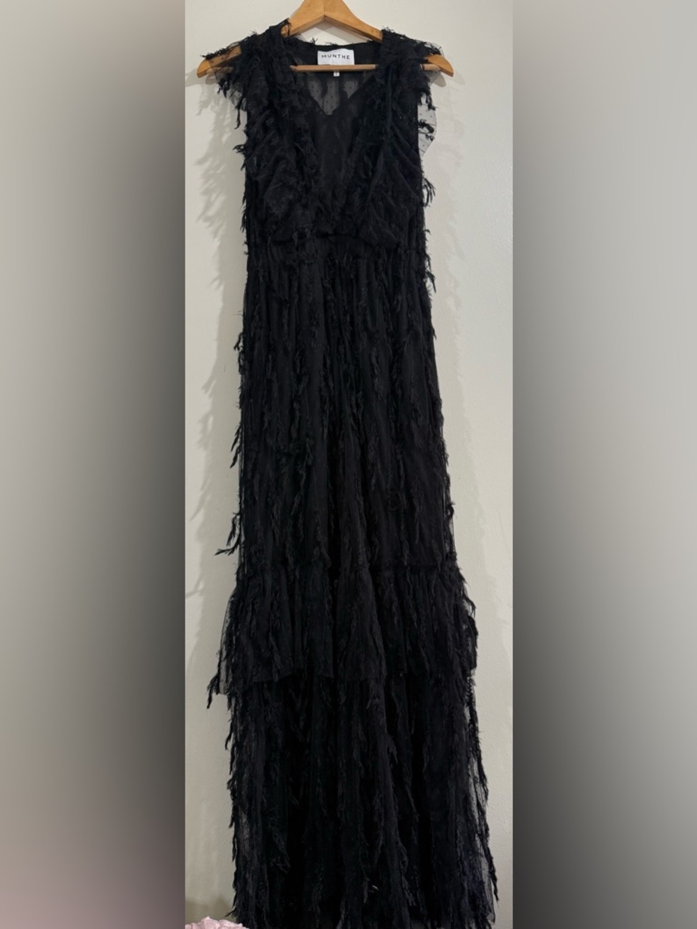 MUNTHE Sleeveless Black Fringe Tiered Maxi Dress